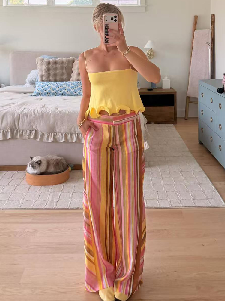 Palazzo Pant Wide - Женские полосатые брюки, льняные широкие брюки-палаццо,