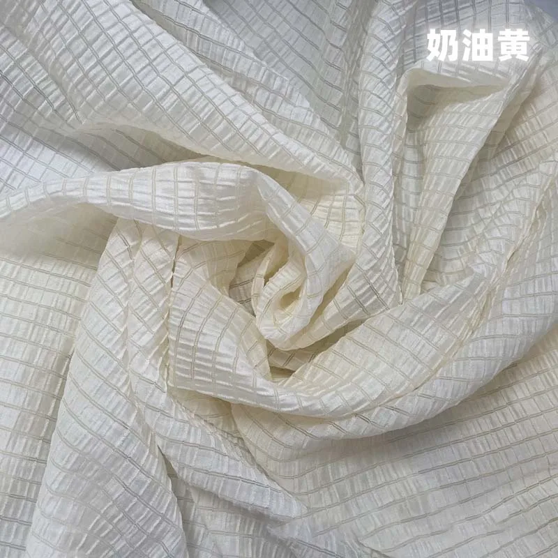 Summer Clothing Material - Кремово-желтая клетчатая ткань, мягкий дышащий текстиль