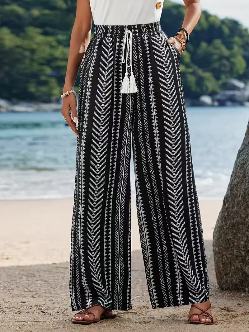 Palazzo Pant Wide - Женские широкие брюки-палаццо с геометрическим принтом,